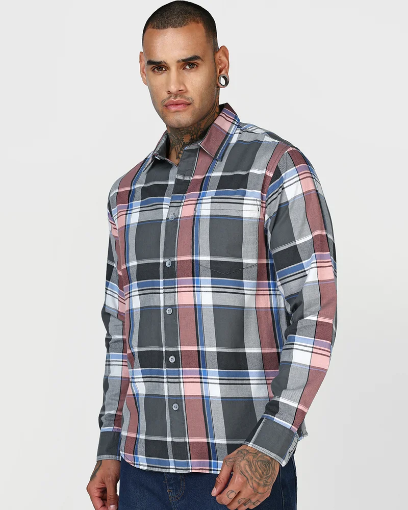 bewakoof Men's Grey & Peach Checked Shirts